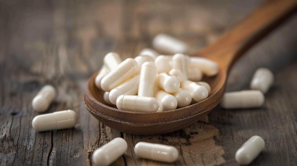 A spoonful of 5-HTP capsules on a wooden surface, discussing the potential side effects of 5-HTP supplements.